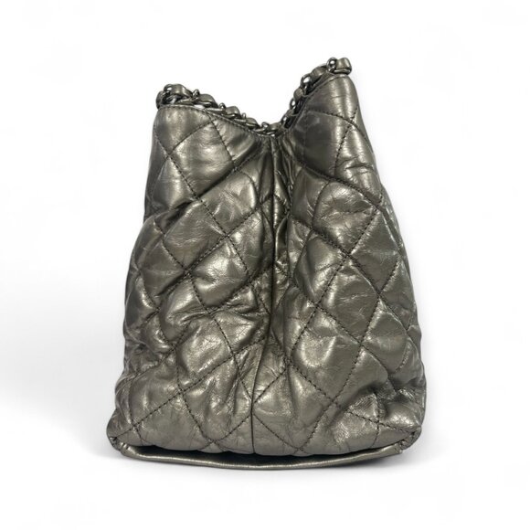 CHANEL Chain Me Tote Silver Metallic Leather CC Quilted Tote Shoulder Bag Pewter - Picture 7 of 11